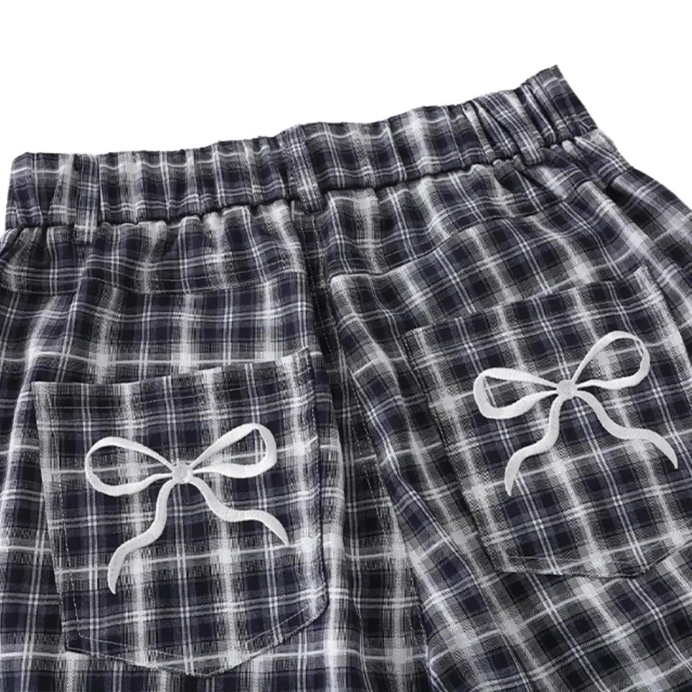 Relaxed Washed Plaid Denim Shorts