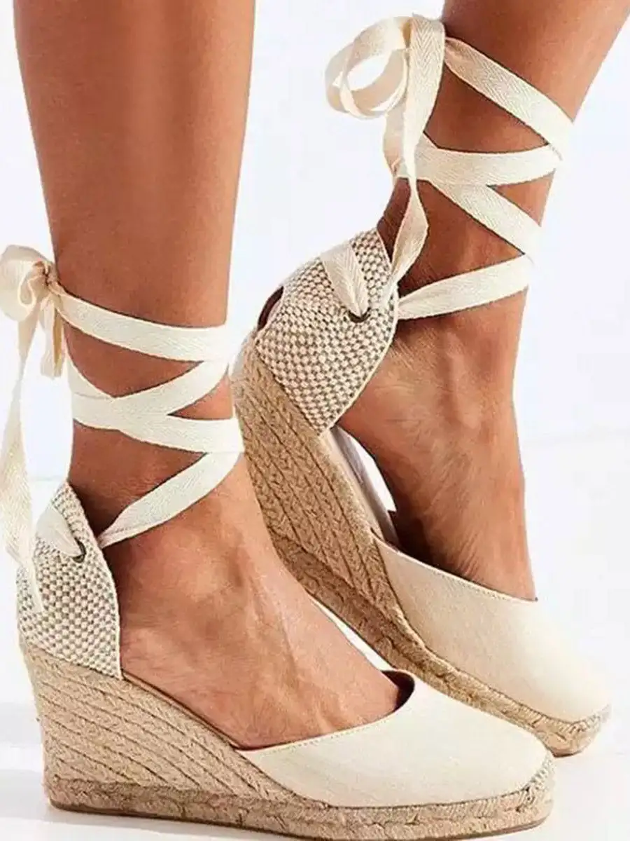 Buckle Panel Detail Square-Toe Lace-Up Ankle Wrap Espadrille Wedge Heeled Sandals