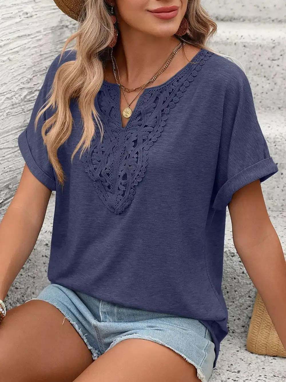 Lace Trim Detail Short Sleeve T-Shirt