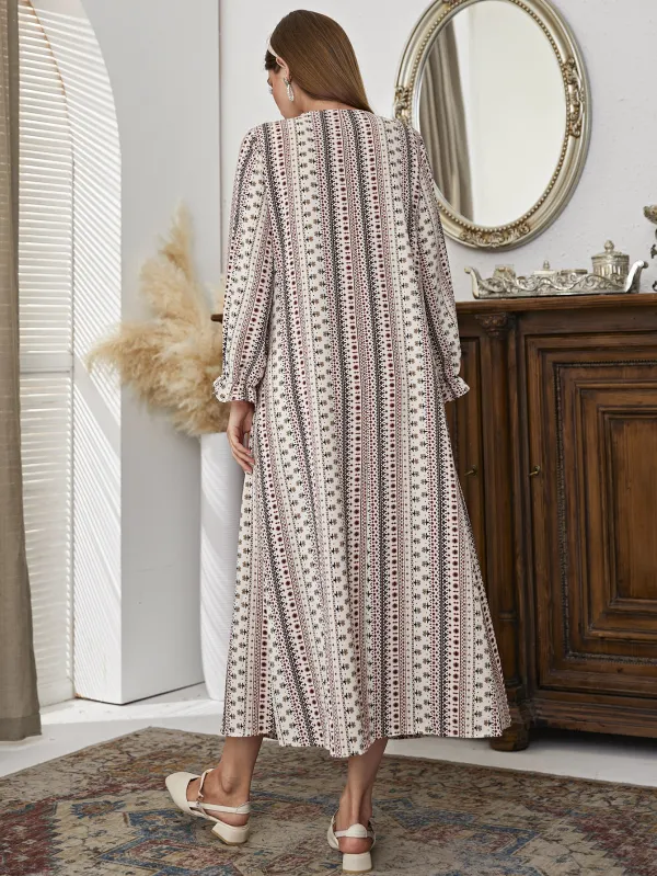 Floral & Geo Print Flounce Sleeve Tassel Trim Tie Neck Dress