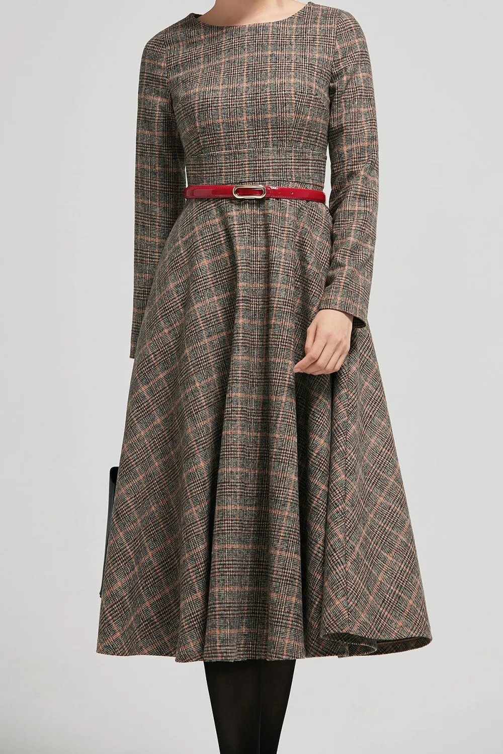 Tailored Plaid Wool Blend Fit And Flare Long Sleeve Midi Dress