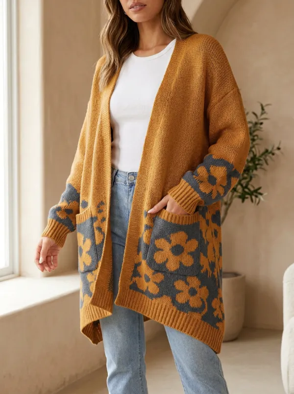 Women's Floral Pattern Knit Long Cardigan