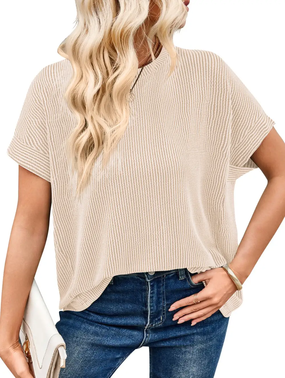 Ribbed Knit Crew Neck Tee