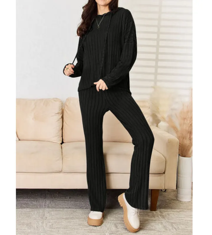 Basic Ribbed Drawstring Hood Top and Straight Pants Set