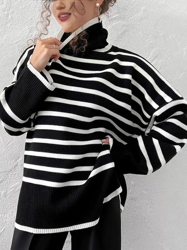 Striped High Low Split Hem Paneled High Neck Sweater