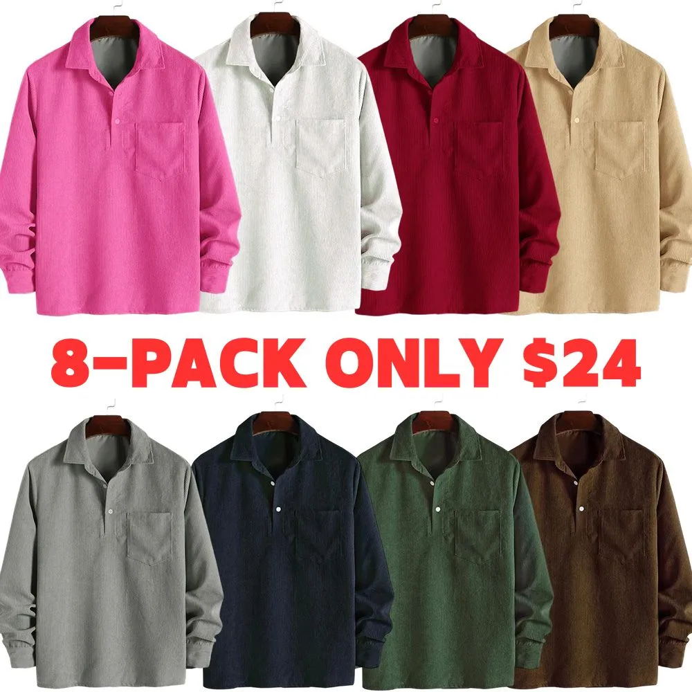 Men's Plain Pocket Half Button Corduroy Shirt, Casual Comfy Regular Fit Long Sleeve Collared Top For Fall & Winter, Men's Clothes For Daily Wear