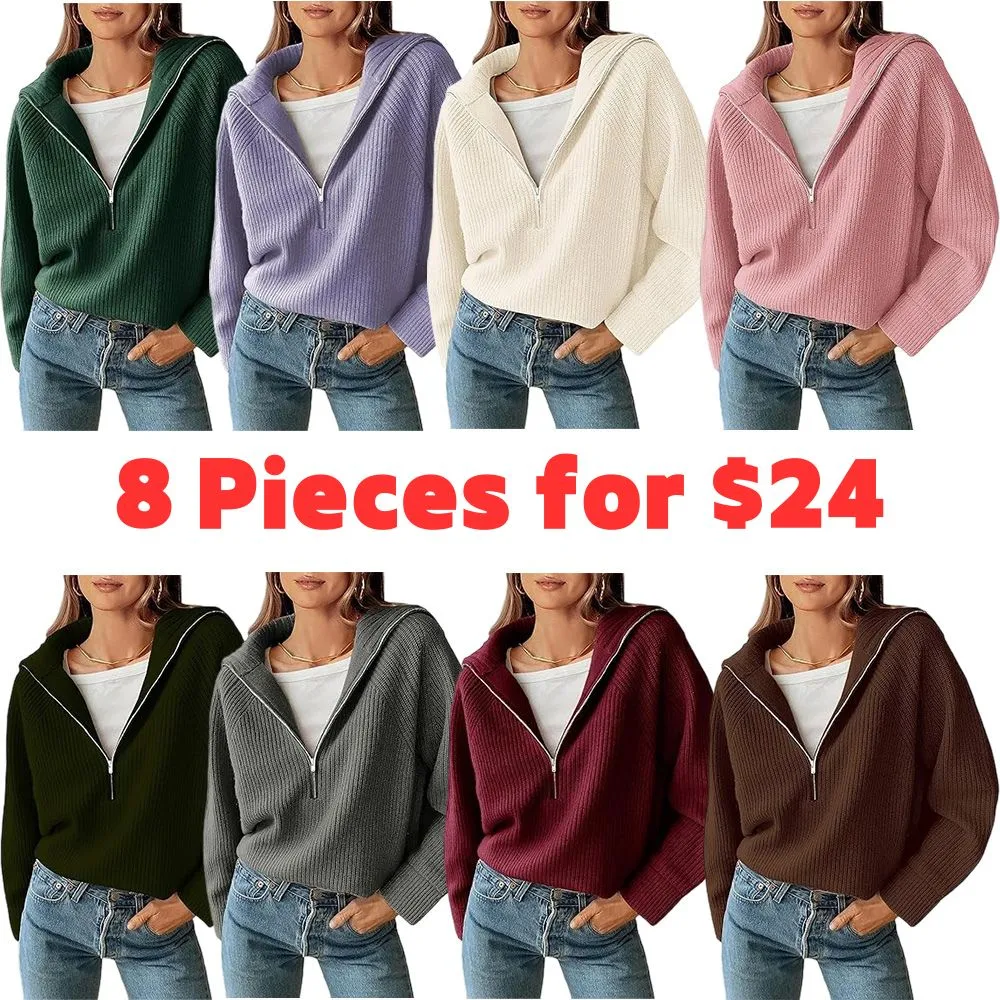 🔥Last day promotion⏰Women's 2525 Quarter Zip Pullover V Neck Collar Long Sleeve Ribbed Knit Loose Casual Sweater