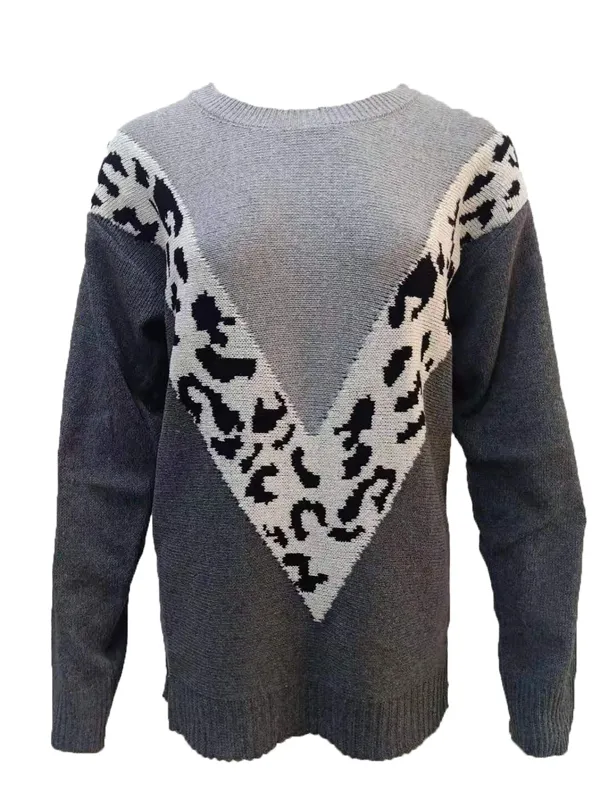 Solid color patchwork leopard print sweater