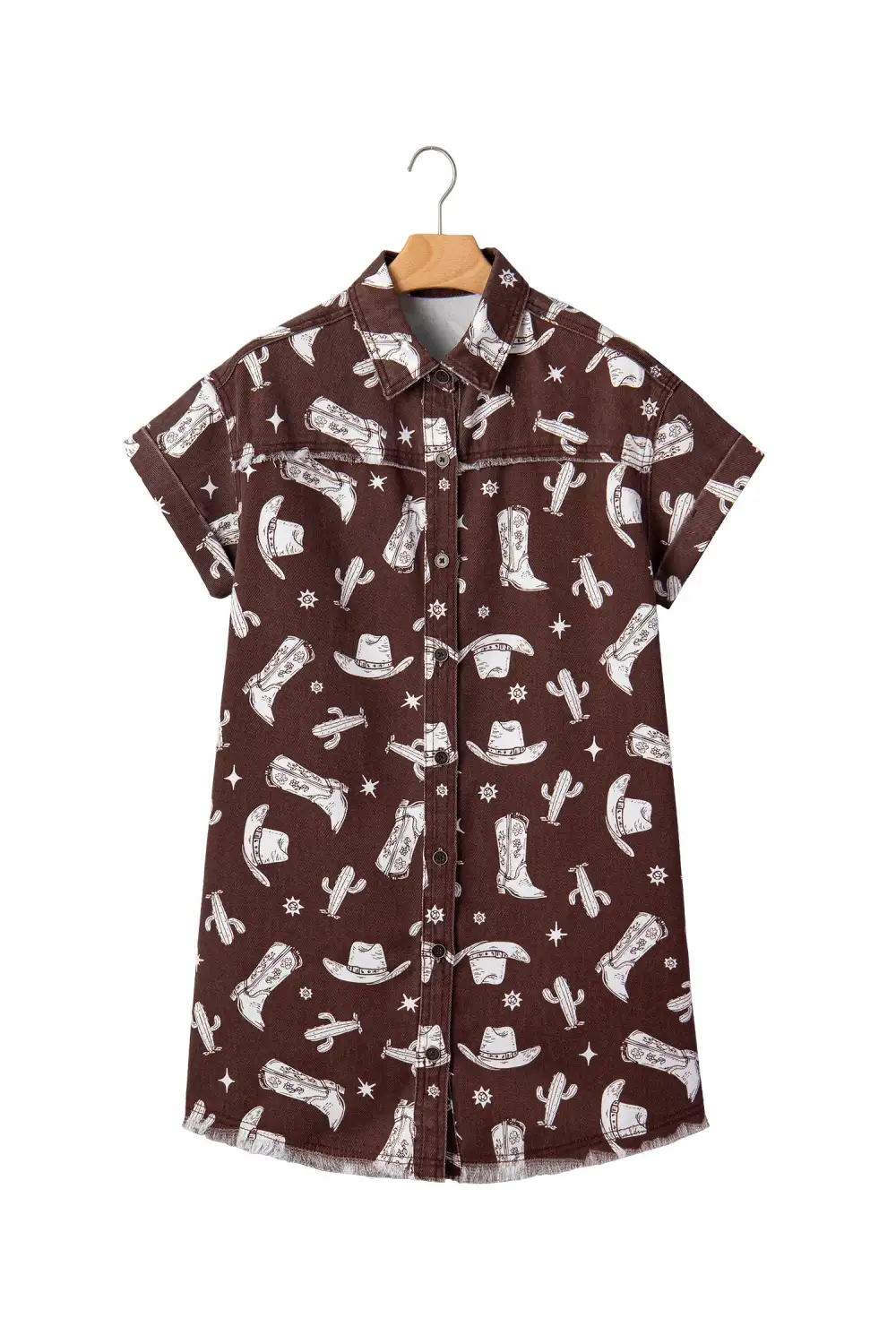 Printed Denim Button Front Dress Casual