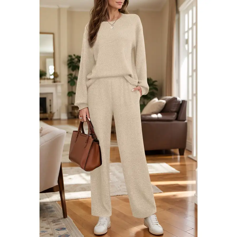 Relaxed Round Neck Long Sleeve Top and Pants Set