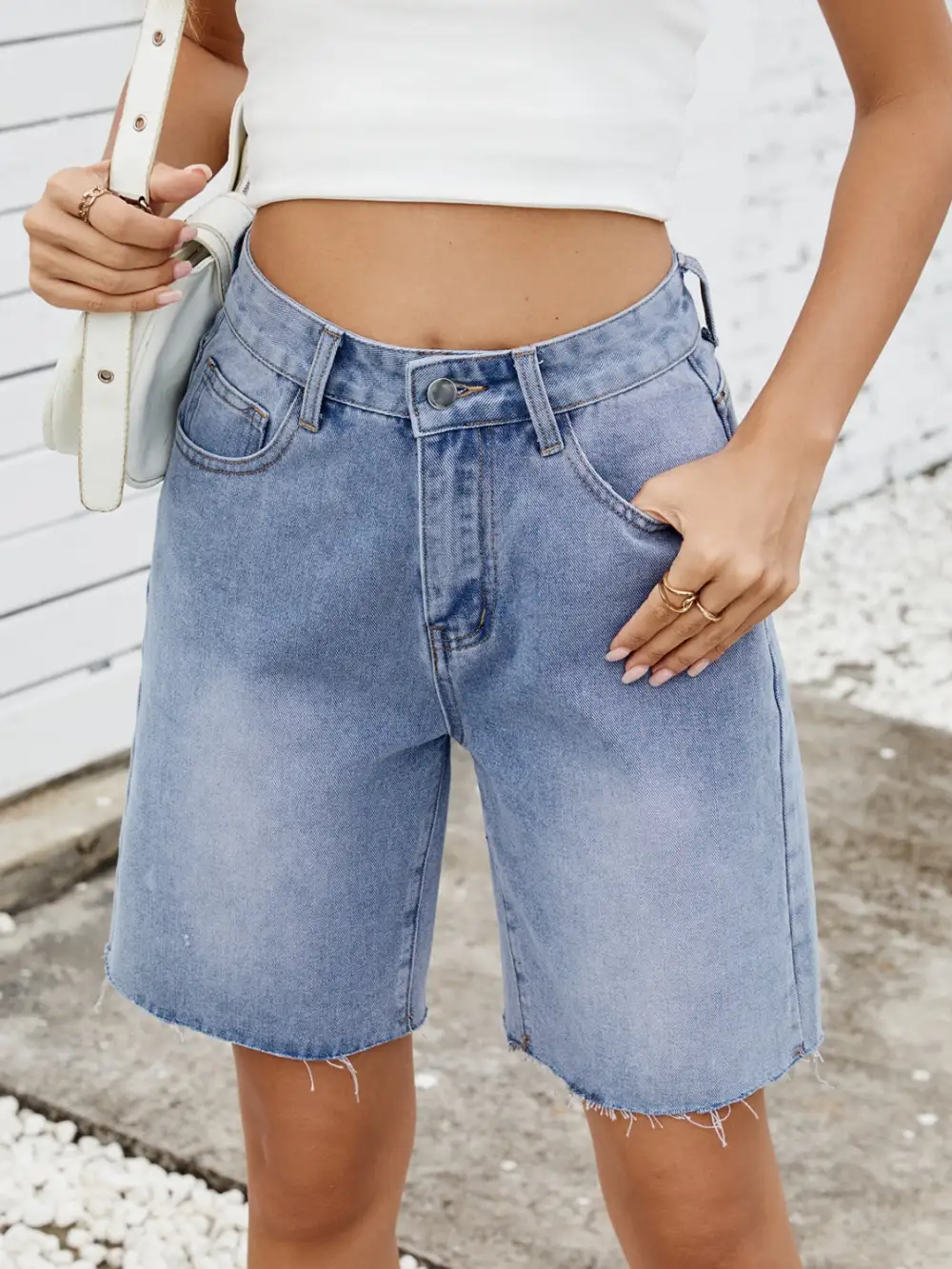 Textured Washed Raw Hem Denim Shorts