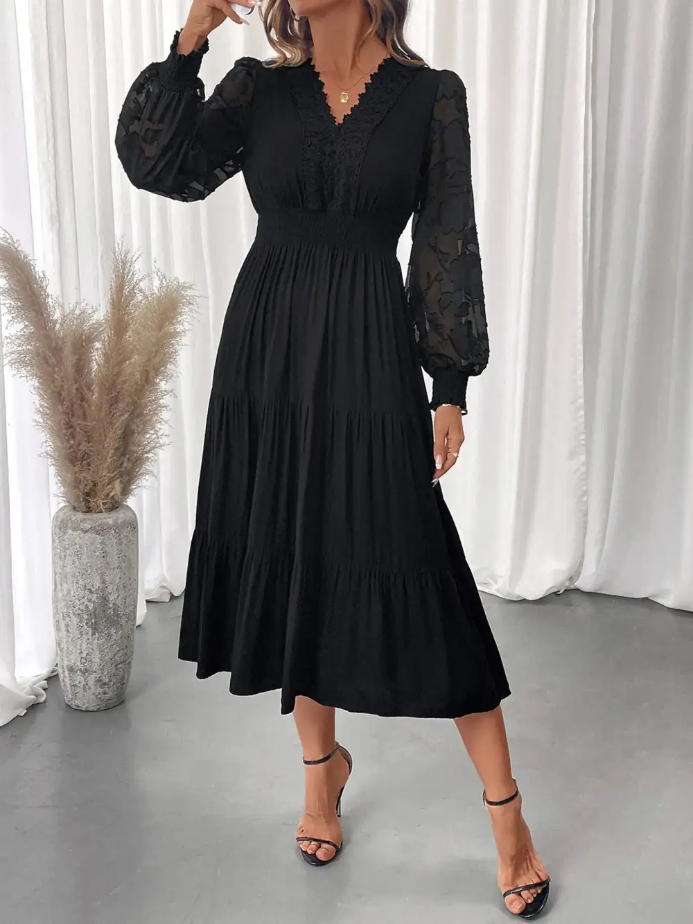 Lace Tiered Lantern Sleeve Dress Casual