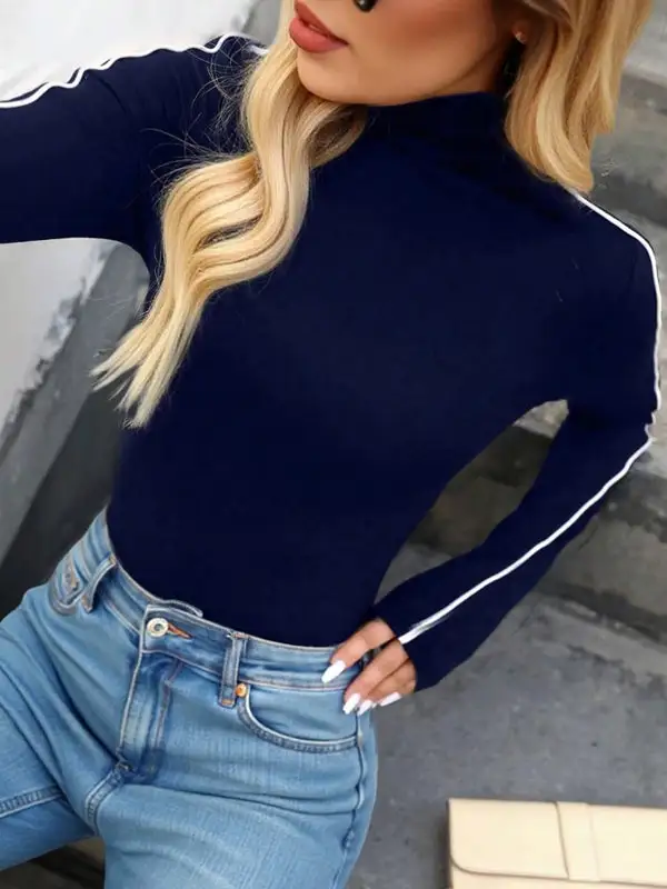 Long Sleeve Slim Fit High Neck Cotton T-Shirt