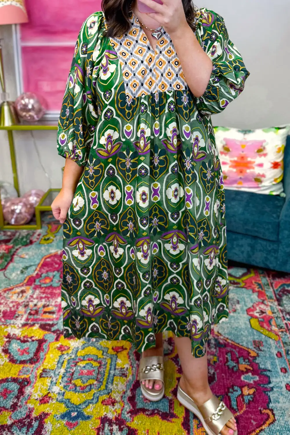 Floral Patchwork V Neck Maxi Dress