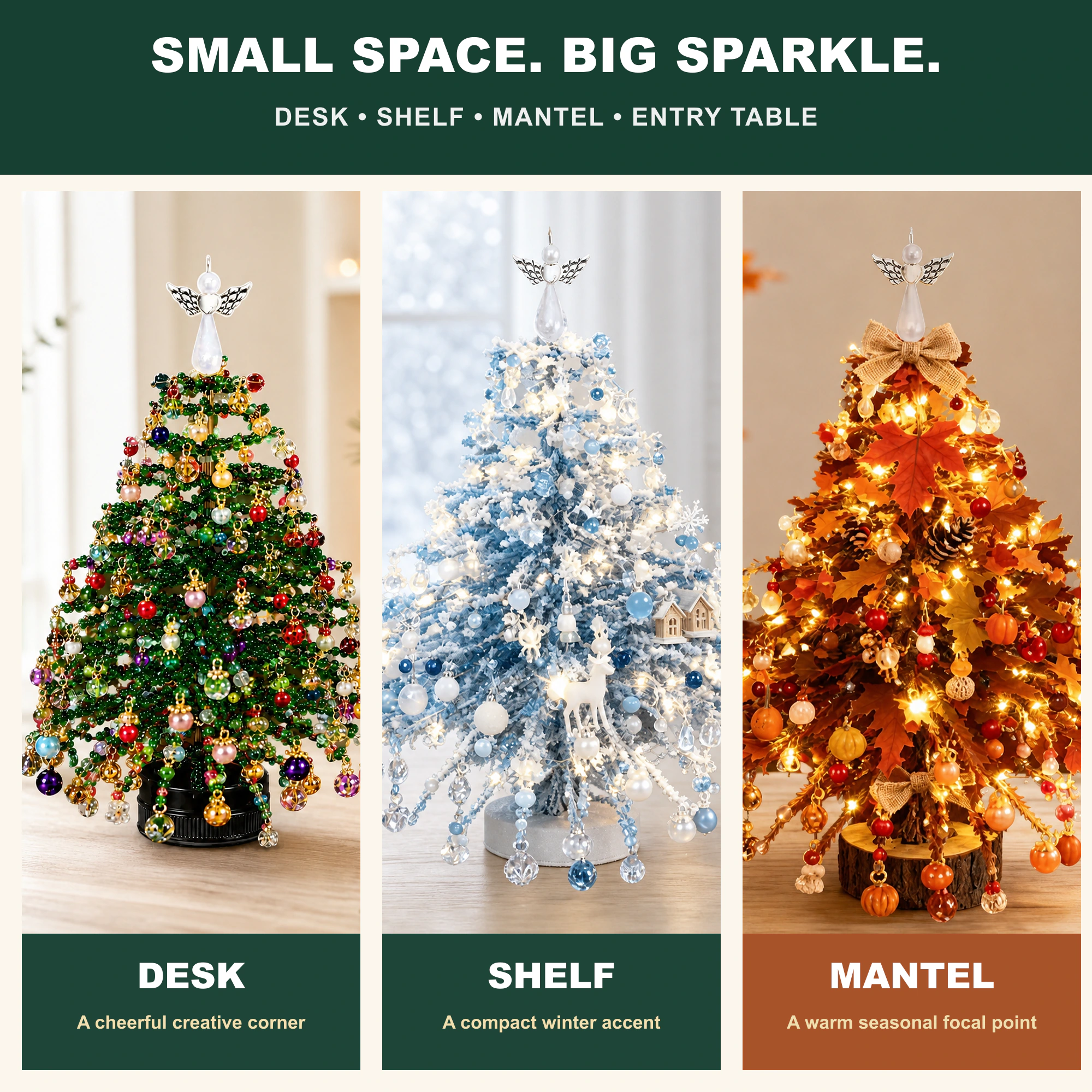 Bright scene ideas for displaying the compact tabletop tree on a desk shelf mantel or entry table