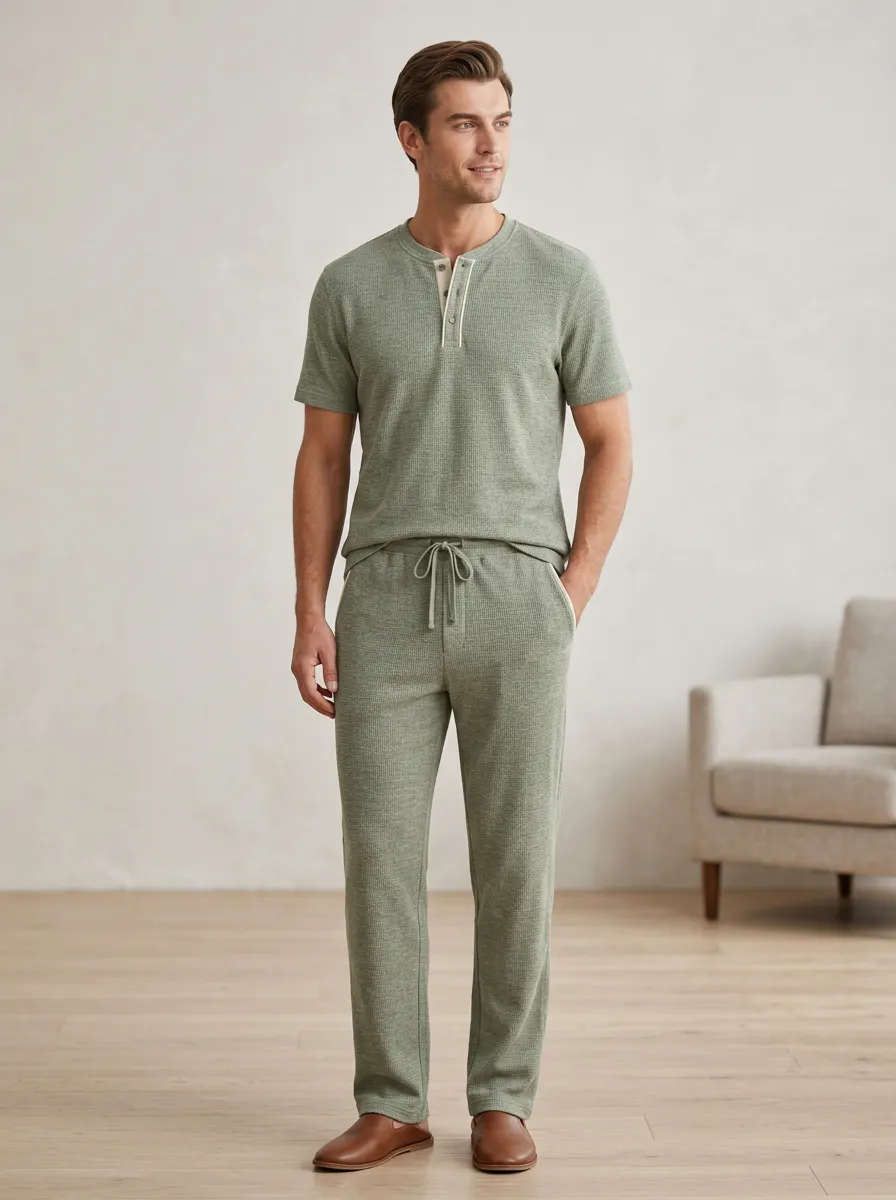 Men's Sage Green Waffle Knit Henley Loungewear Set