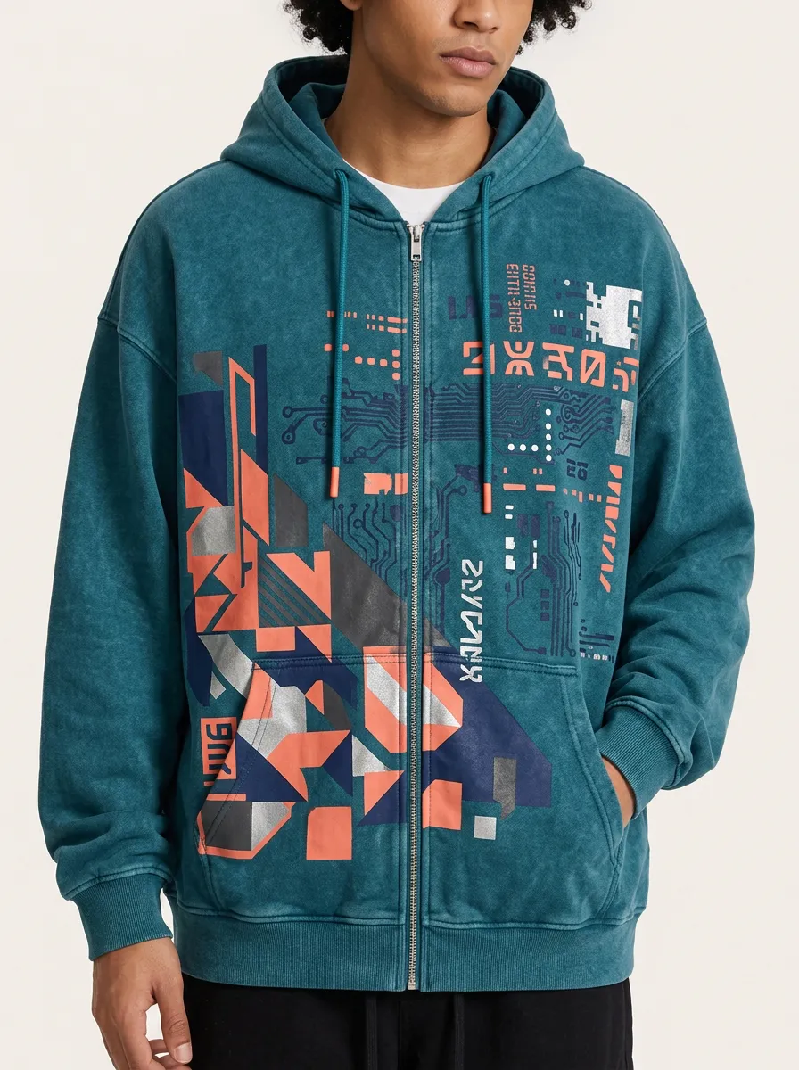 Men's Cyberpunk Techwear Geometric Circuit Printed Zip Up Hoodie