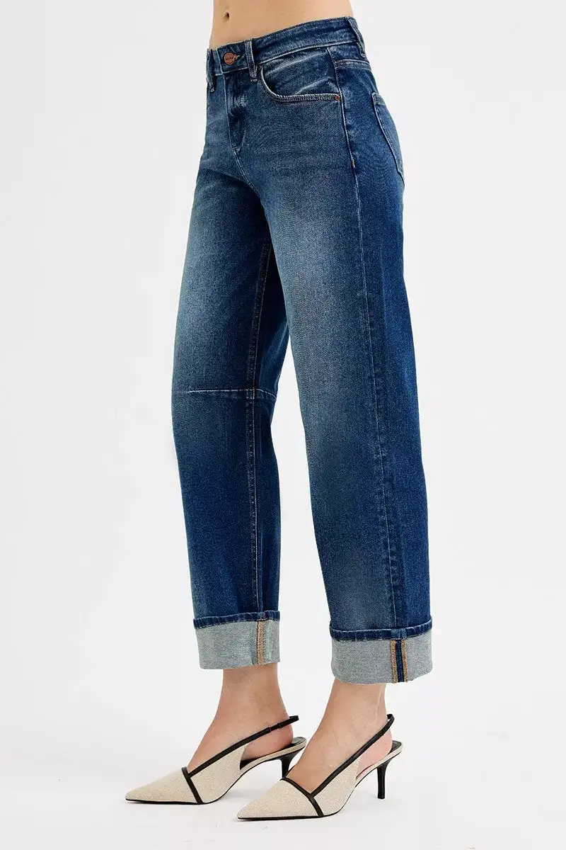 Textured Barrel Leg Cuffed Denim Jeans