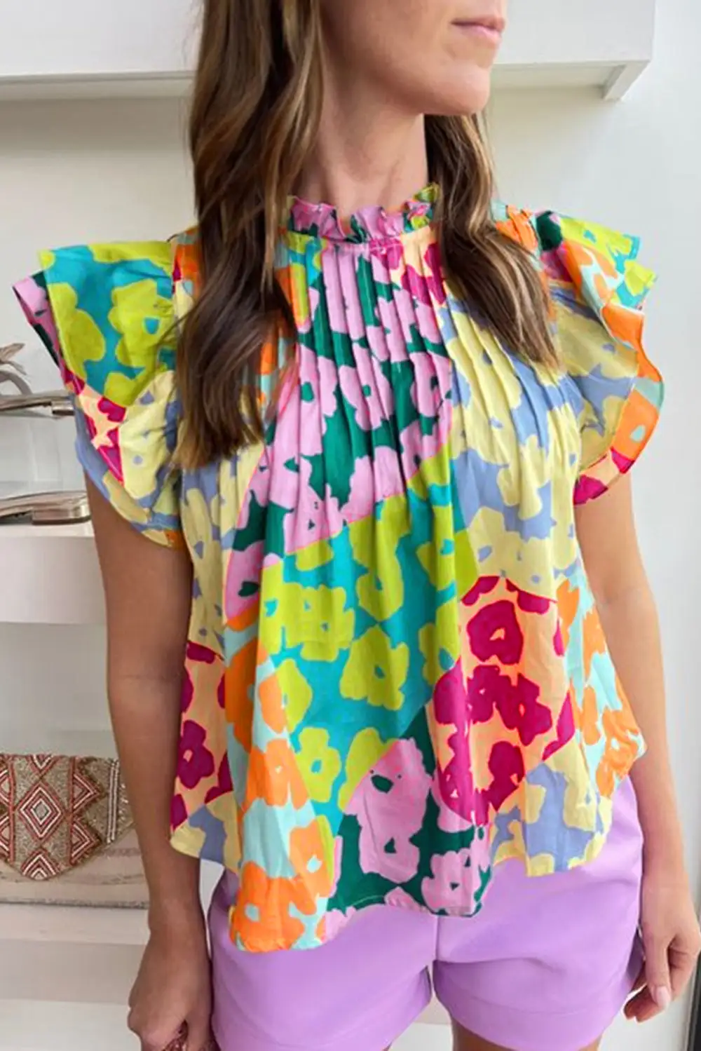 Abstract Print Pleated Flutter Sleeve Blouse