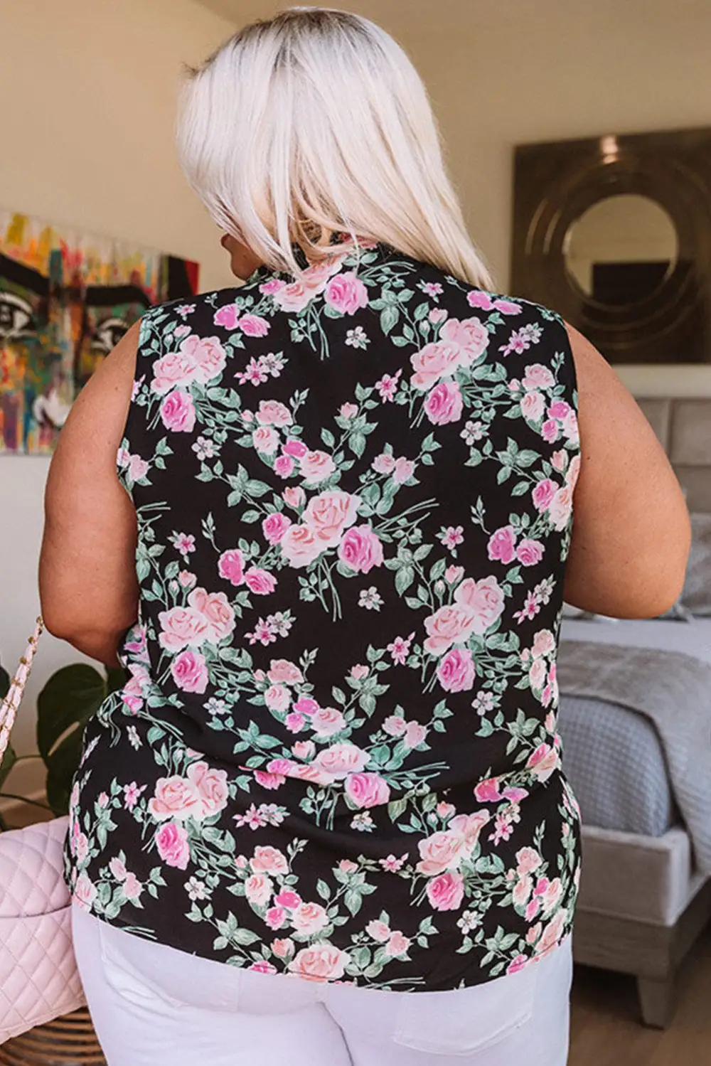 Plus Size Floral Print Ribbon V Neck Tank Top