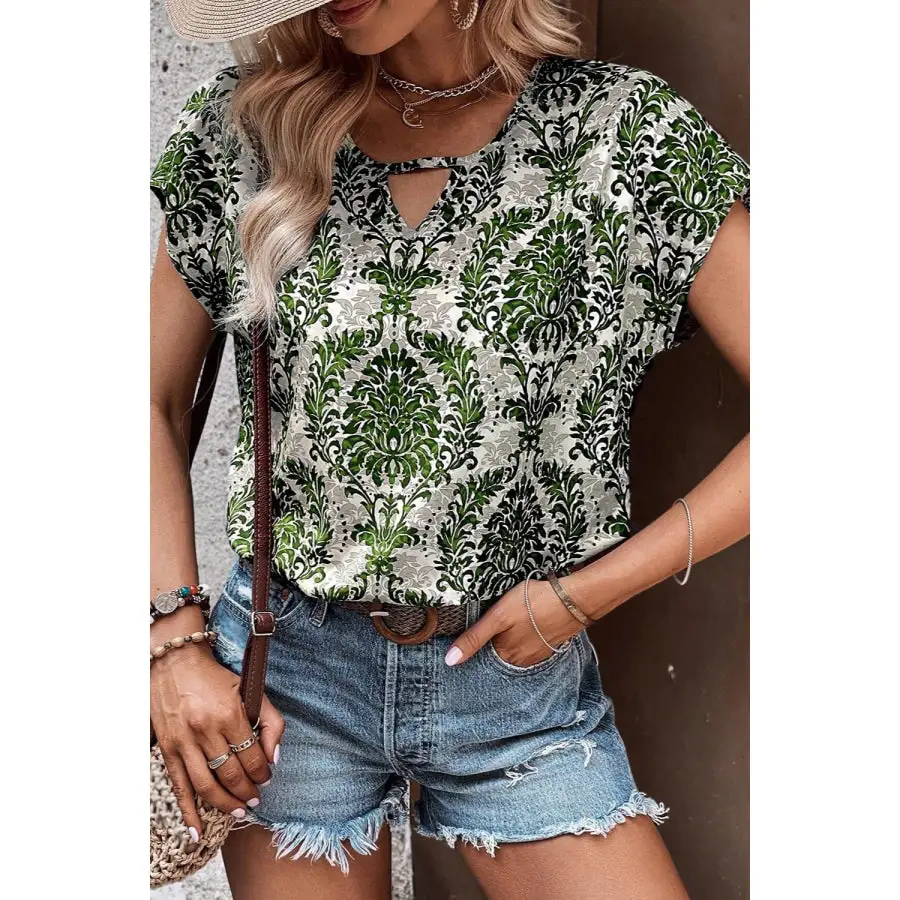 Cutout Printed Short Sleeve Blouse