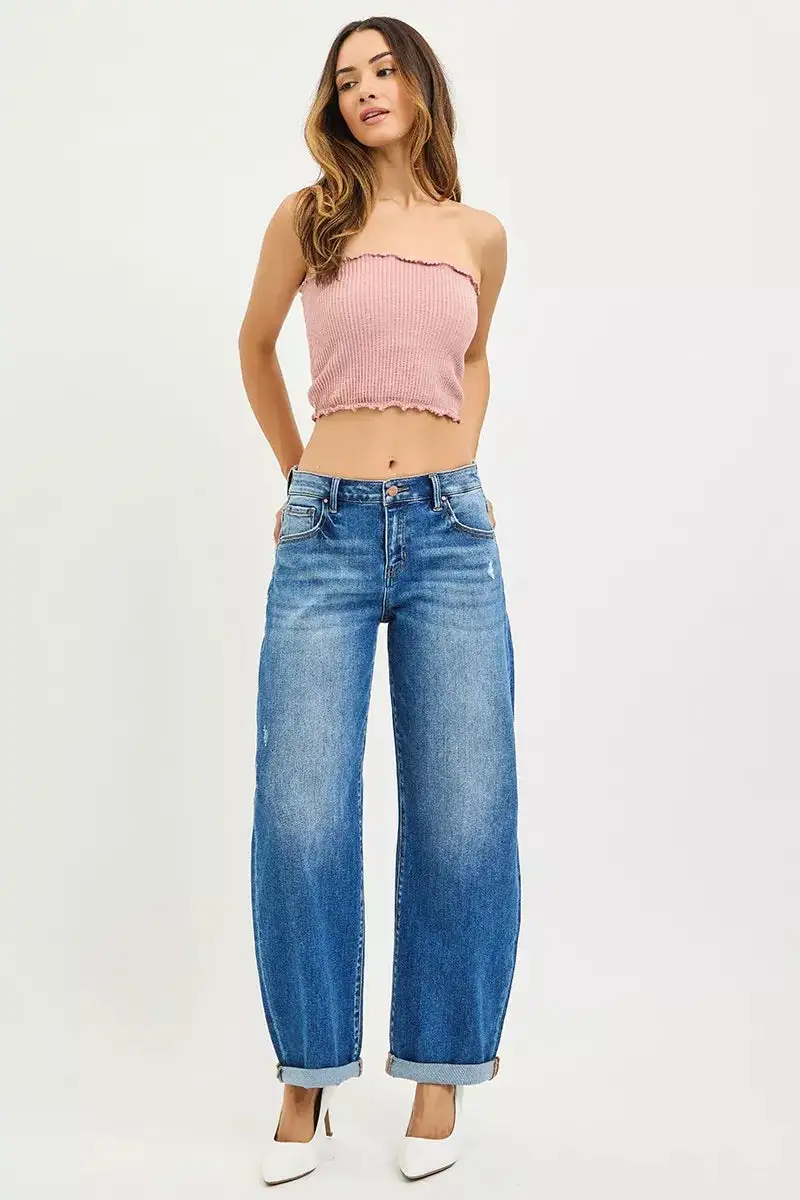 Clean Mid Rise Barrel Leg Denim Jeans