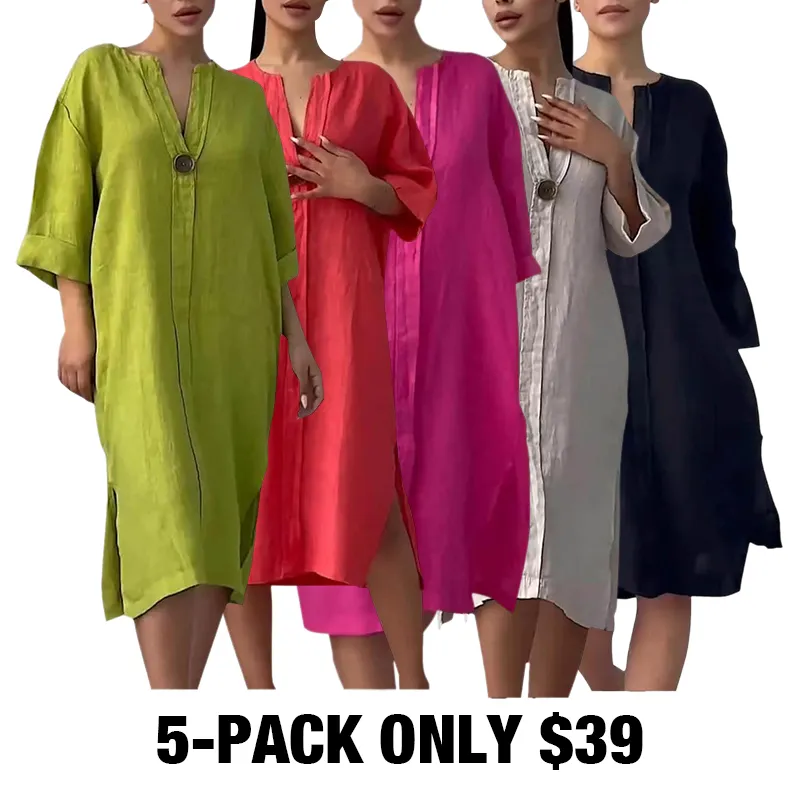 Women'S Solid Color Casual Cotton And Linen Dress-5-PACK