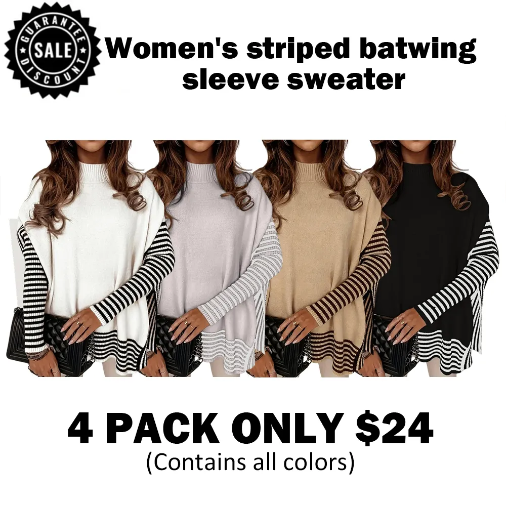 Women's Striped Patchwork Print Batwing Sleeve Split Hem Sweater