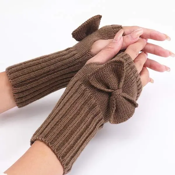 Women'S Bowknot Knitted Wool Warm Fingerless Gloves 12539938C