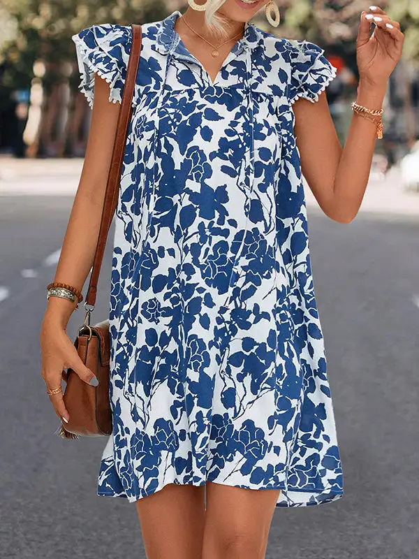 A Line Ruffle Sleeve Printed Split Joint Tied V Neck Mini