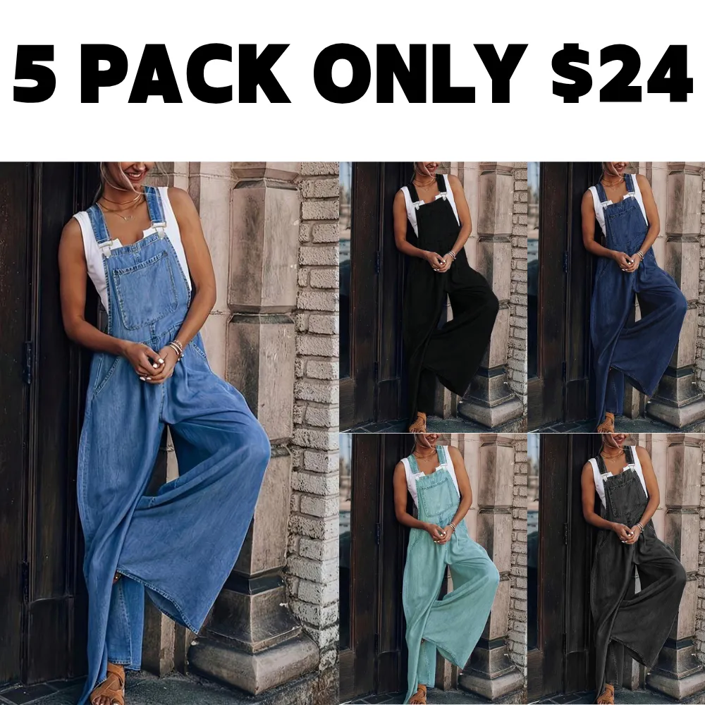Women's Denim-Effect Print Plicated Wide Leg Overalls Jumpsuit