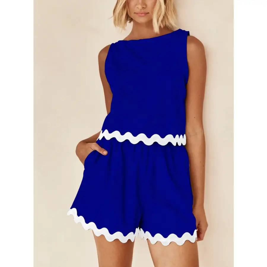 Contrast Trim Round Neck Tank and Shorts Set