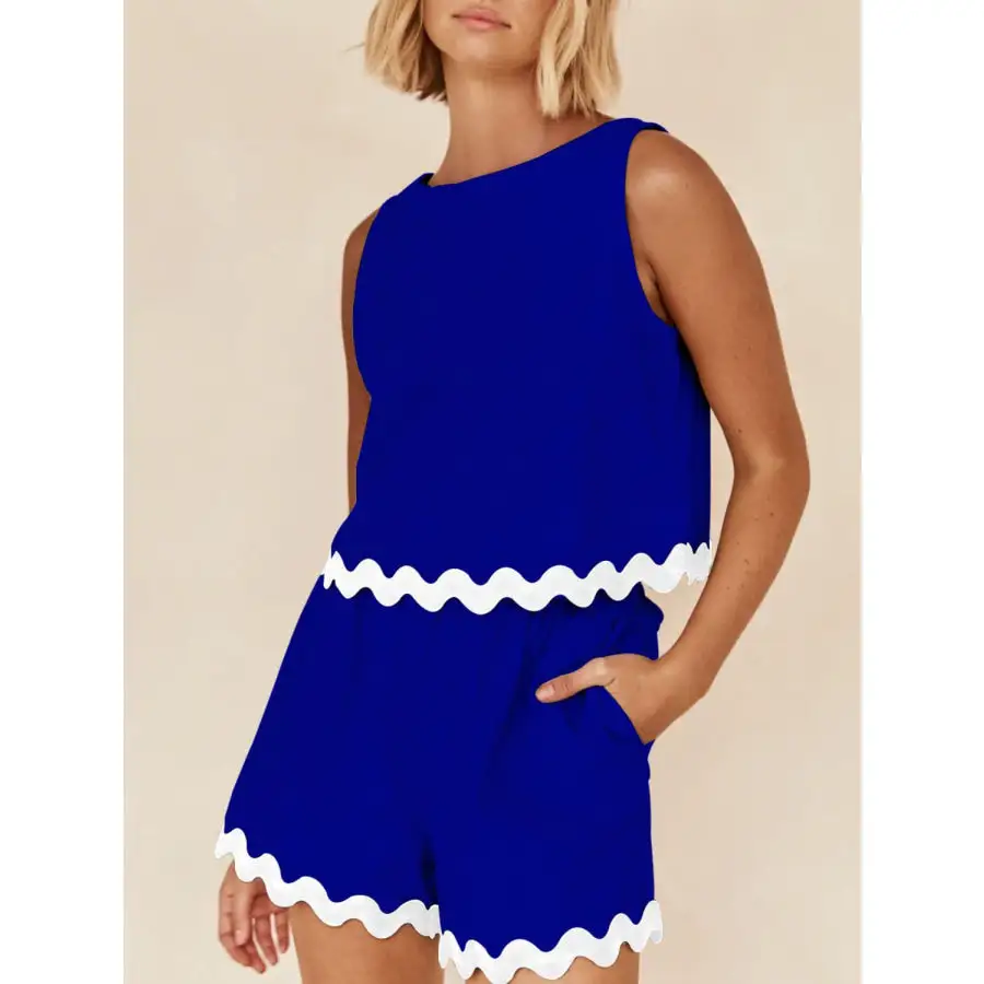 Contrast Trim Round Neck Tank and Shorts Set