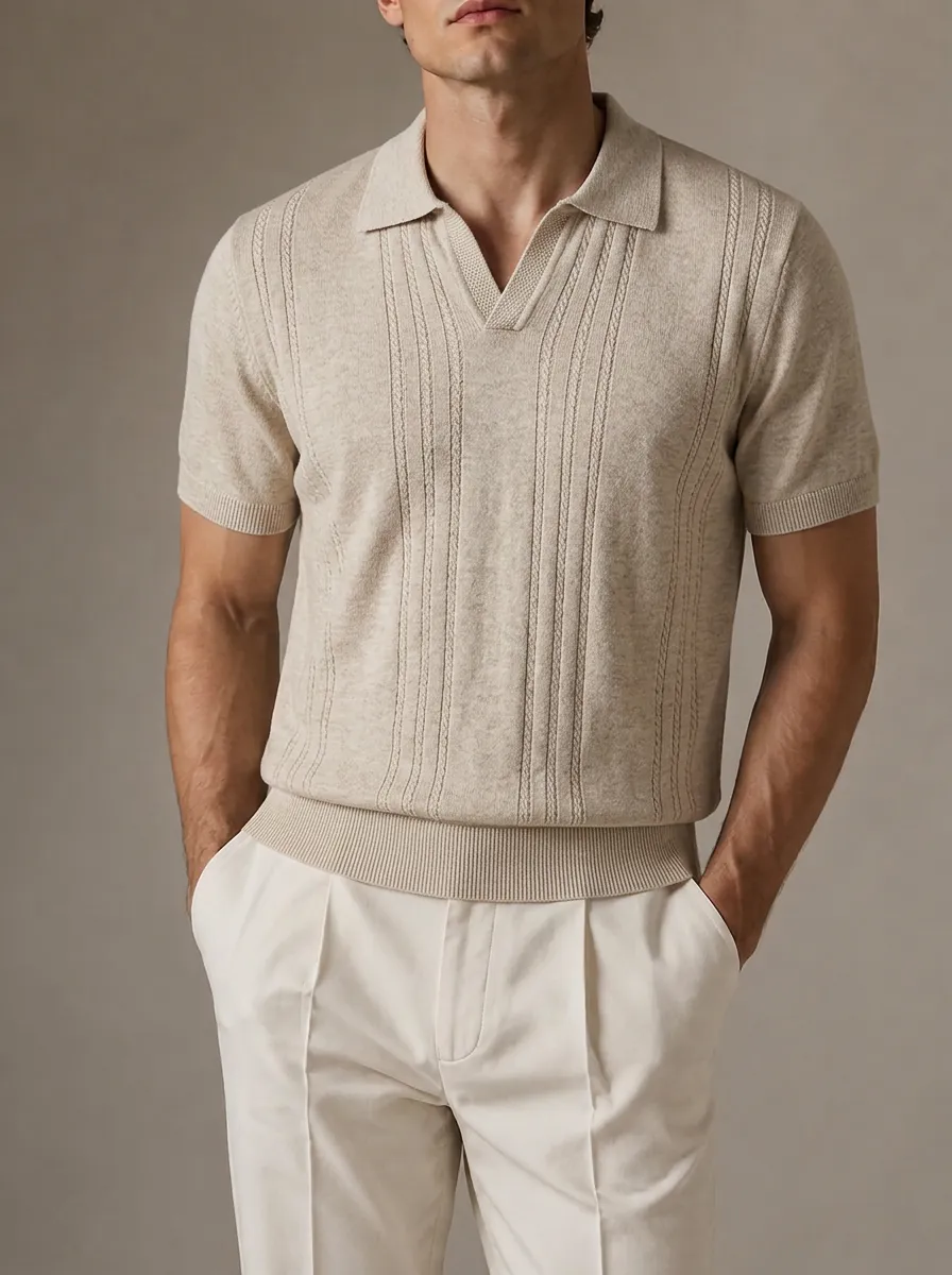 Men's Casual Vintage Beige Vertical Ribbed Knit Polo Shirt