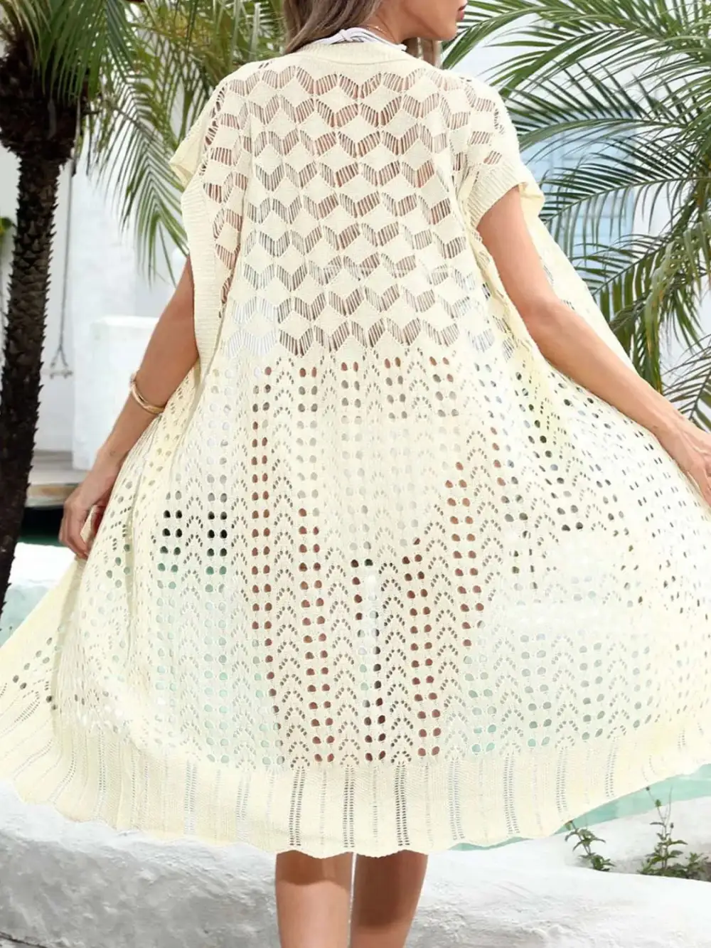 Open Front Short Sleeve Openwork Swim Cover Up