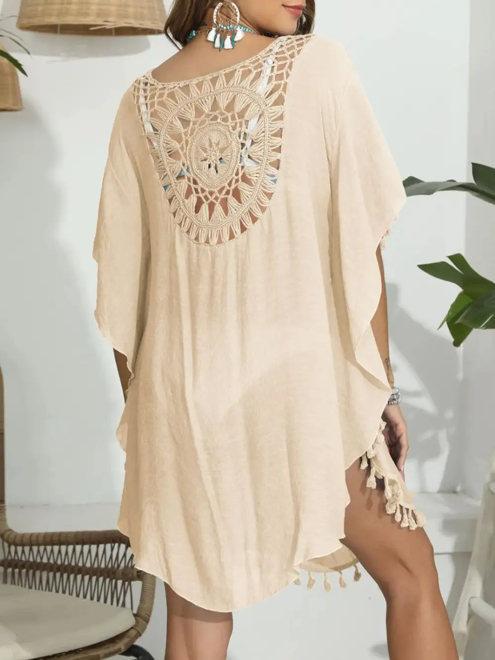 Tassel Crochet Round Neck Swim Cover Up