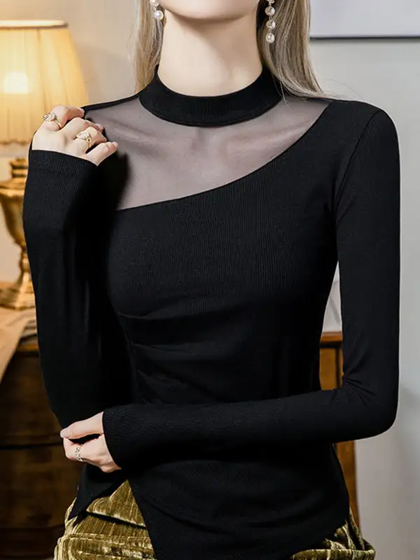 Long Sleeve Curve Fit Asymmetric Sheer Front Slit Panel Detail Round Neck T-Shirt
