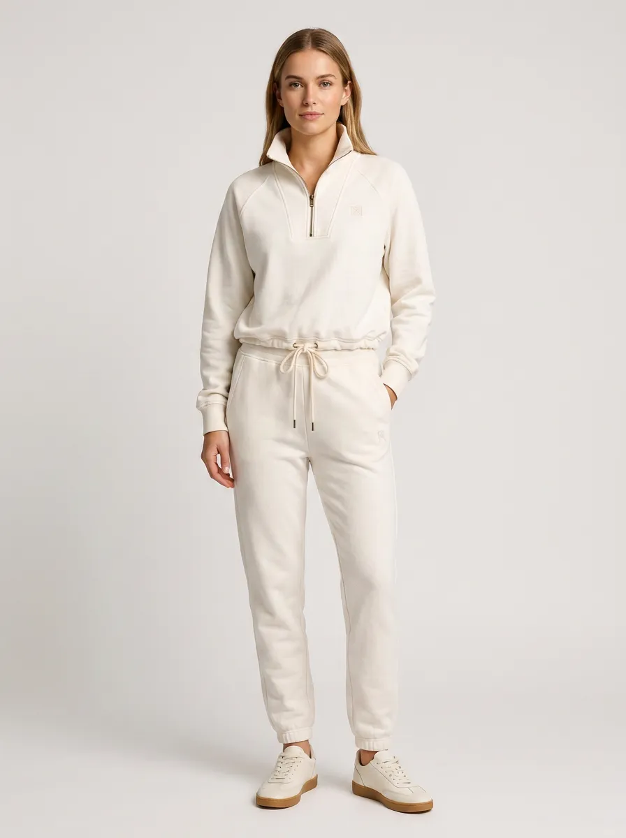Women's Minimalist Cream Quarter-Zip Pullover and Jogger Lounge Set