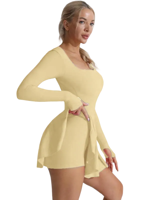 Women's Solid Criss Cross Backless 2 in 1 Sports Dress, Long Sleeve Square Neck Tennis Dress, Ladies Sportswear for Indoor Outdoor Wear