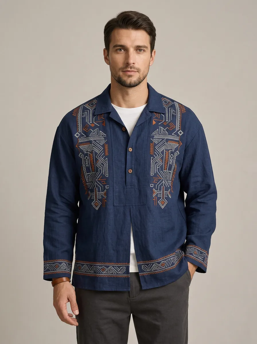 Men's Geometric Boho Refined Embroidered Long Sleeve Shirt
