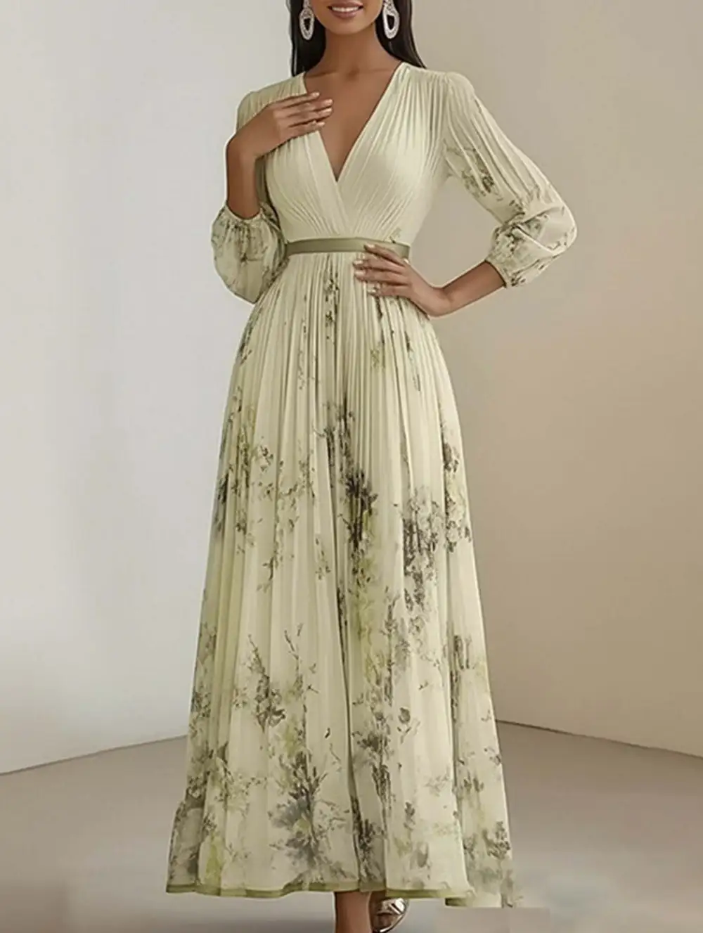 V-Neck Pleated Printed Slim Maxi Dress