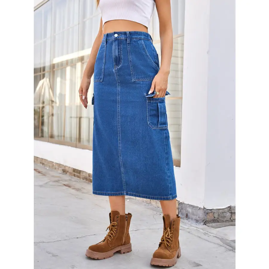 Modern Slit Midi Denim Skirt with Pockets