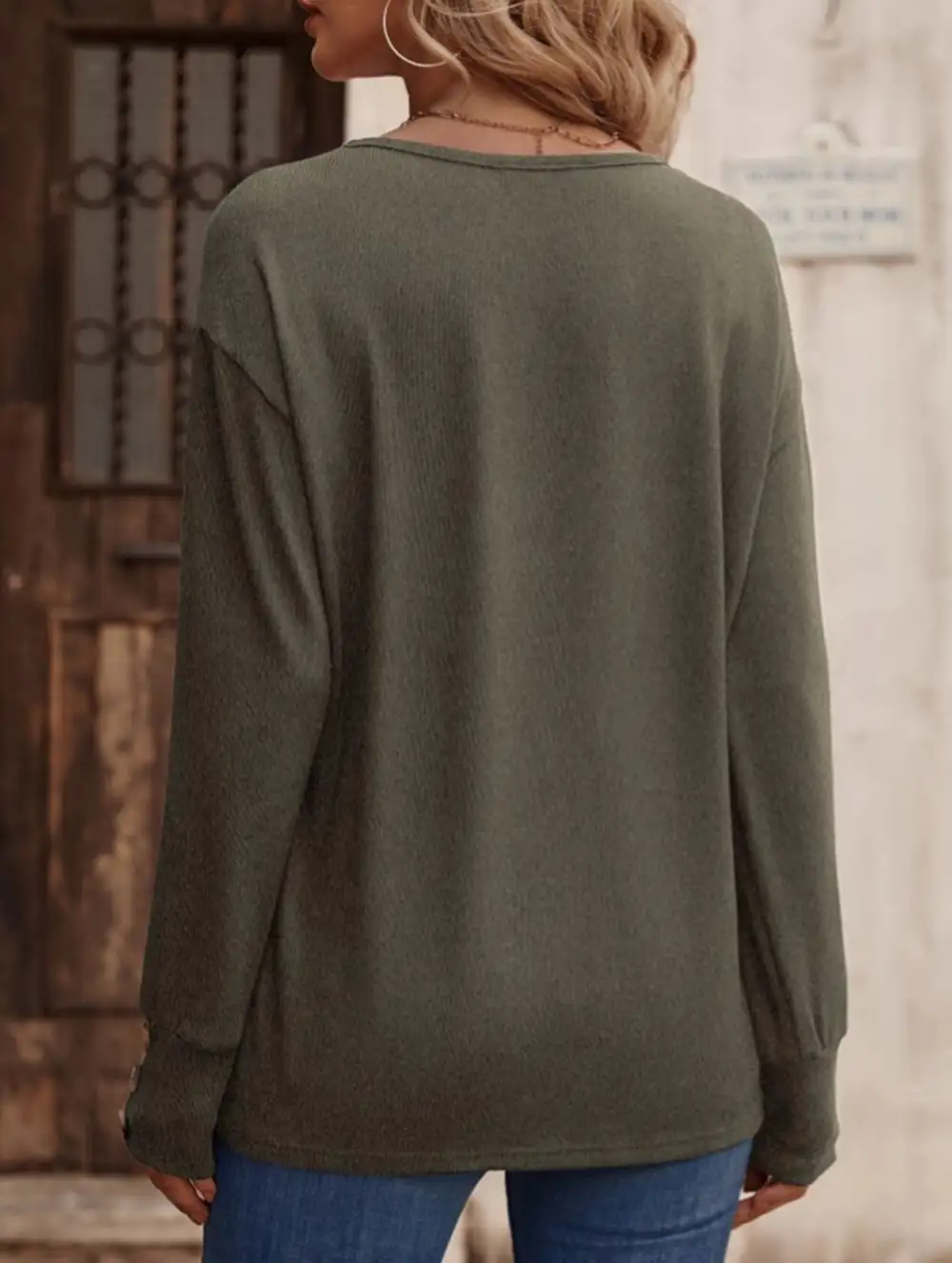 V Neck Button Loose Long Sleeve Tee
