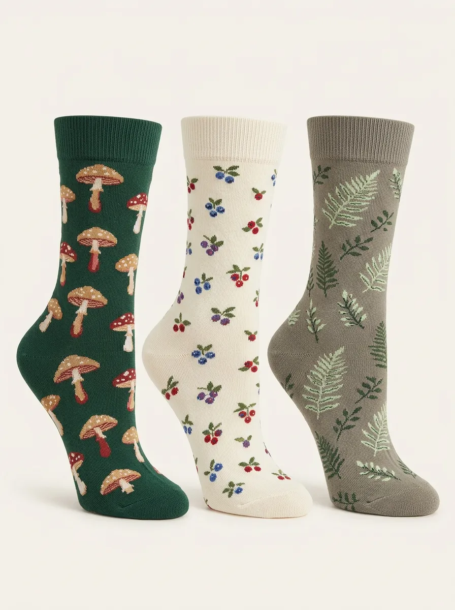 Cottage Mushroom Fern Berry Three Pair Sock Set