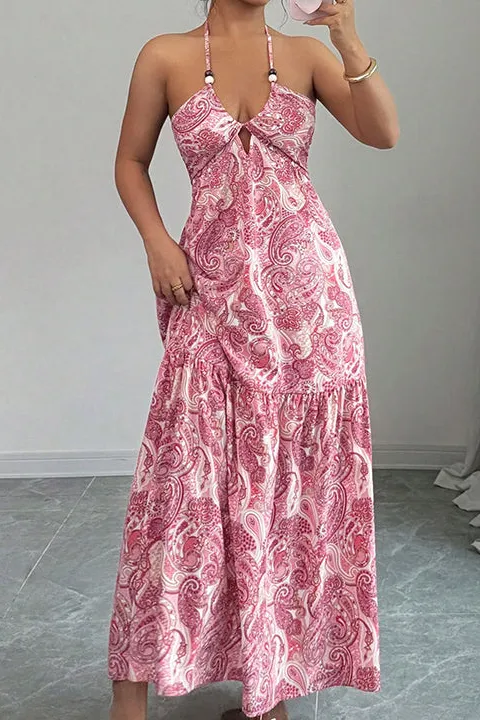 Back V Neck Halter Neck Maxi Dress