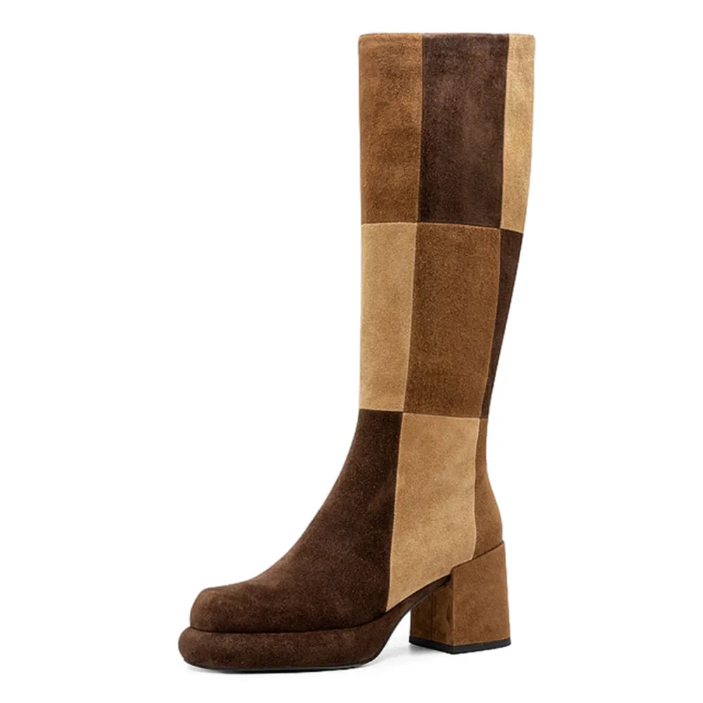 Faux-Suede Zip-Up Patchwork Round-Toe Knee-High Boots