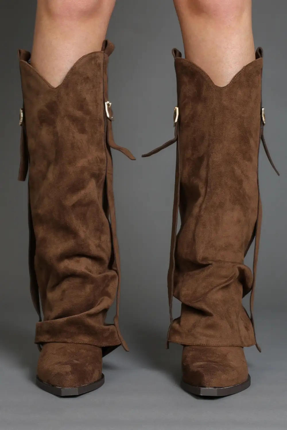 Modern Western Slouch Fold-Over Buckle Detail Knee High Boots