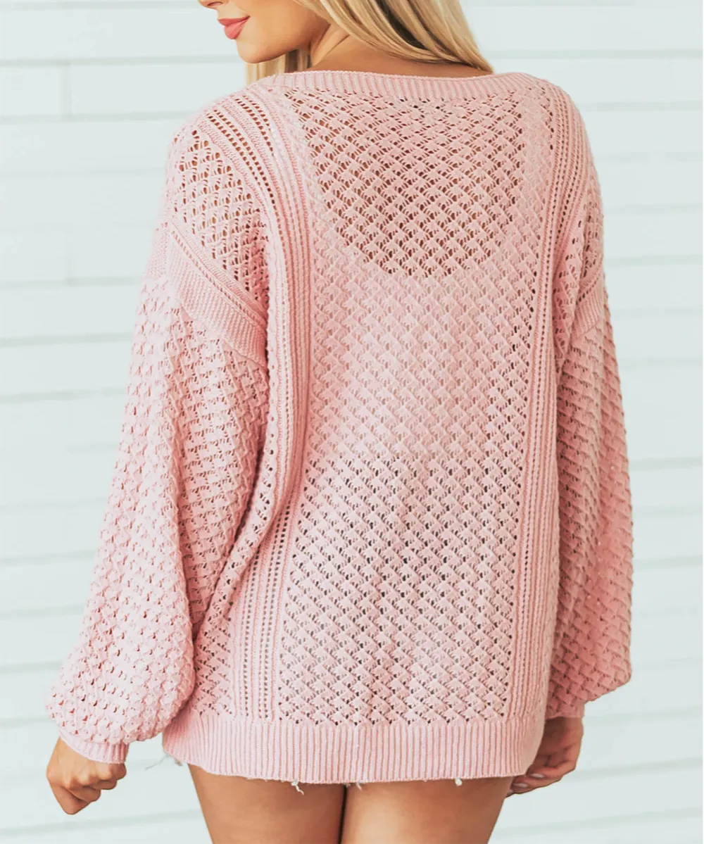Loose Pointelle Knit Ribbed V Neck Sweater