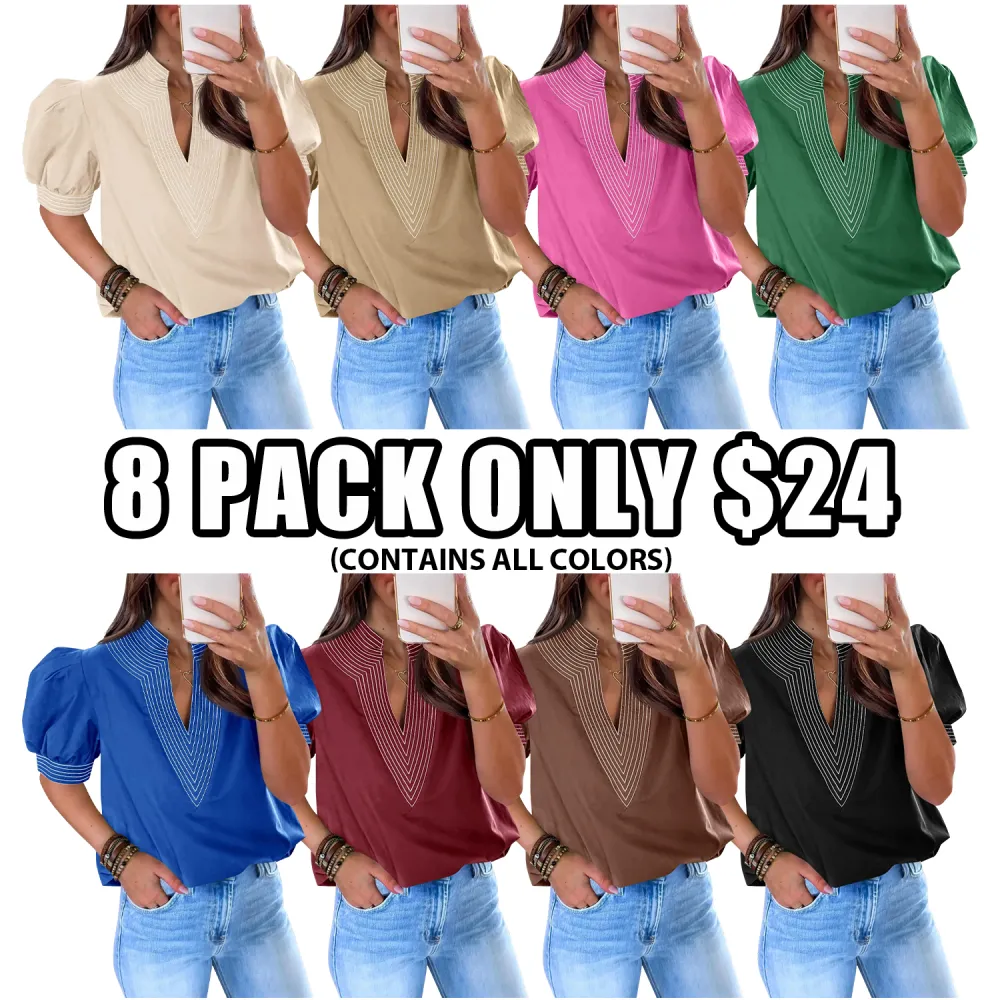 Womens Puff Short Sleeve Blouses Summer Casual Dressy Contrast Stitch