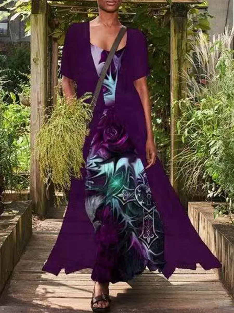 Casual Loose Floral Print Suit Short Sleeve Maxi Dress